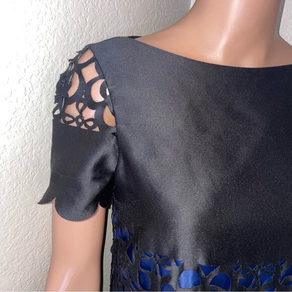 Muse Black Blue Laser Cut Eyelet Dress Size 6 black and navy blue sheath dress - Picture 9 of 16